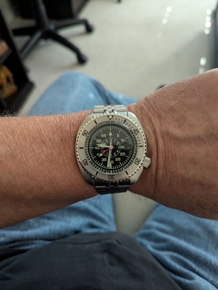 Recently completed watch,made by me. Seiko movement, GMT, flieger B dial, divers bezel, screw down crown