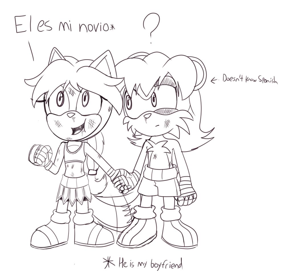 a mongoose and fox sonic oc are holding hands, both beat up after their boxing match. The fox is declaring in Spanish that the boy is now her boyfriend. The boy doesnt understand Spanish