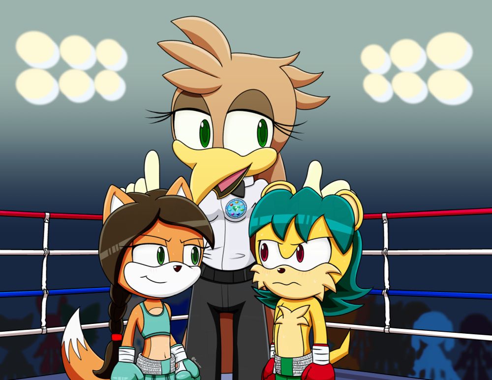 Two sonic OC's are facing each other in a boxing ring as the referee, a sparrow, gives them the rules. The one on the left is a fox girl named itzel in a boxing skirt and top. on the right is a mongoose Boy named Vinny. Itzel has a confident expression on her face while Vinny is a little unsure. 