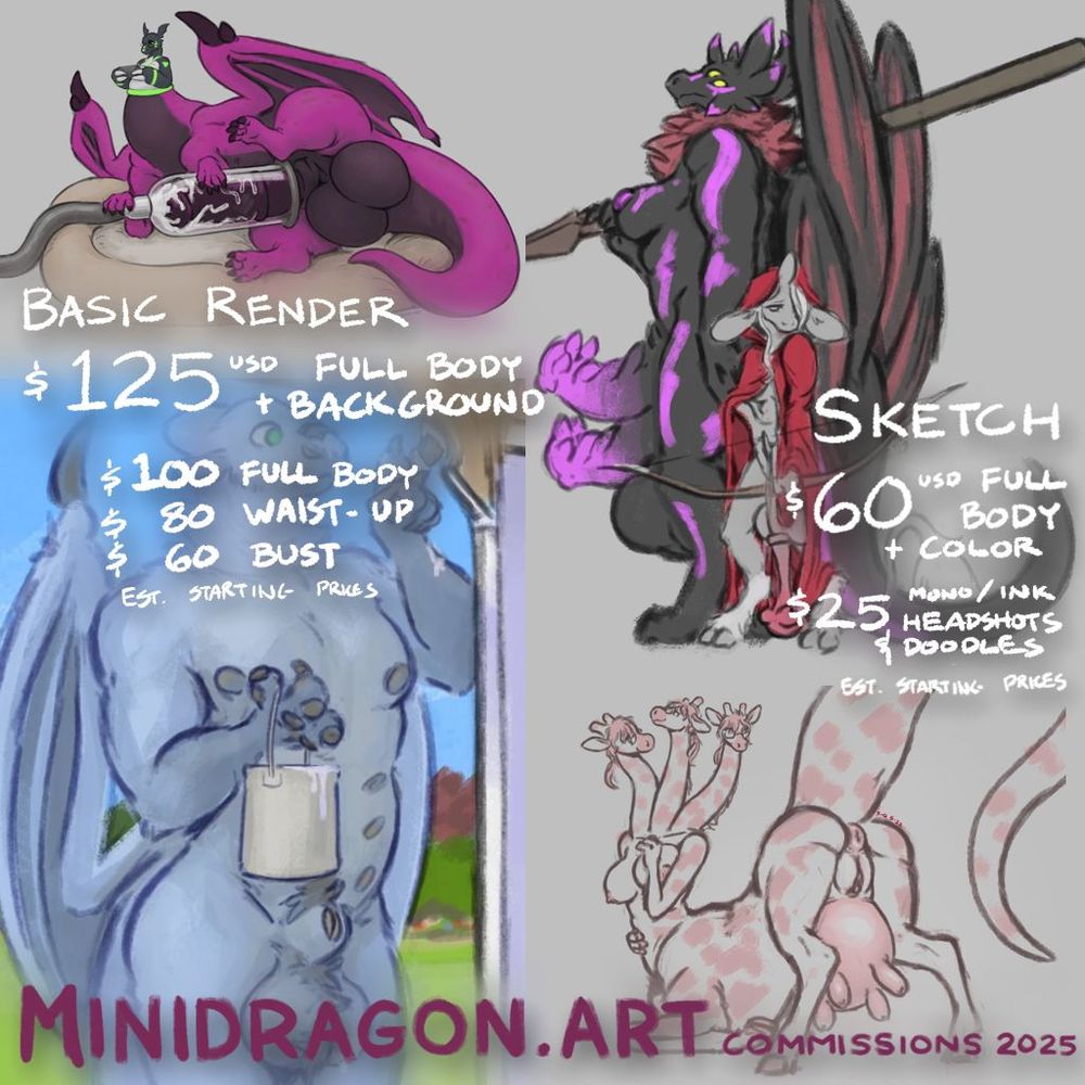 Basic render:
$125 USD for full body + background
$100 full body, $80 waist-up
$60 bust
estimated starting prices.

Sketch:
$60 USD full body
$25 mono / ink headshoots & doodles
estimated starting prices.