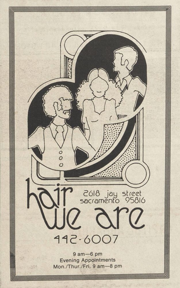 A very decorated black and white illustrated ad for a queer salon named "Hair We Are" in which the "J" in J street is written as "Jay". illustrations of dapper, faceless men and women feature