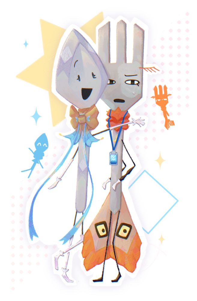 A spoon character with a brown-blue ribbon on her neck posing with a fork moth-hybrid character who is concerned. Little characters of them in full color are flying around. 