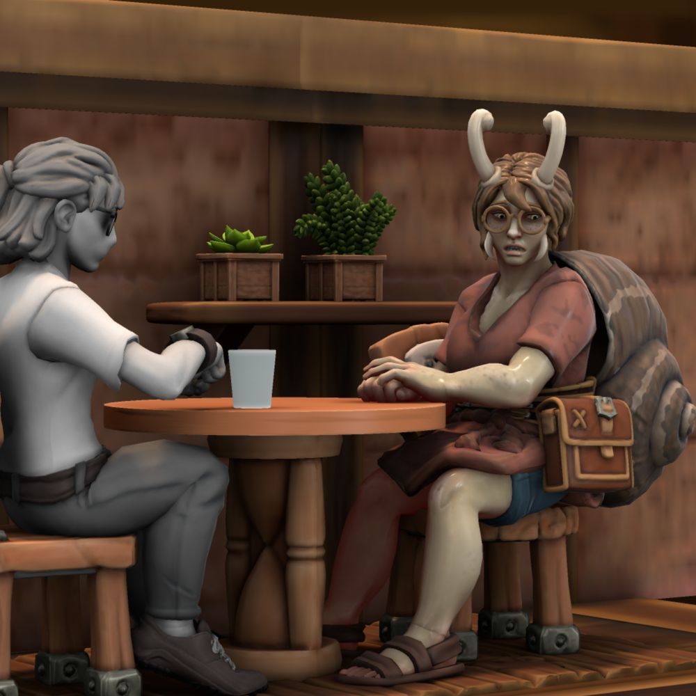Slater checking their watch in a resturaunt, while Shellby looks a little embarassed at arriving late.