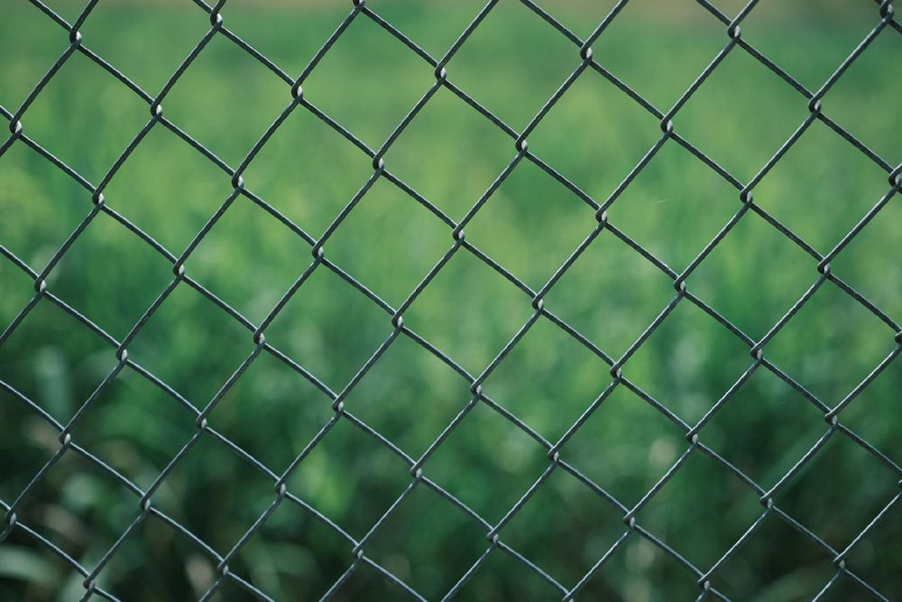 Close-up of a metal chain-link fence in sharp focus with a blurred green grassy background, creating a contrast between structure and nature. The diamond-shaped wire pattern fills the frame.
