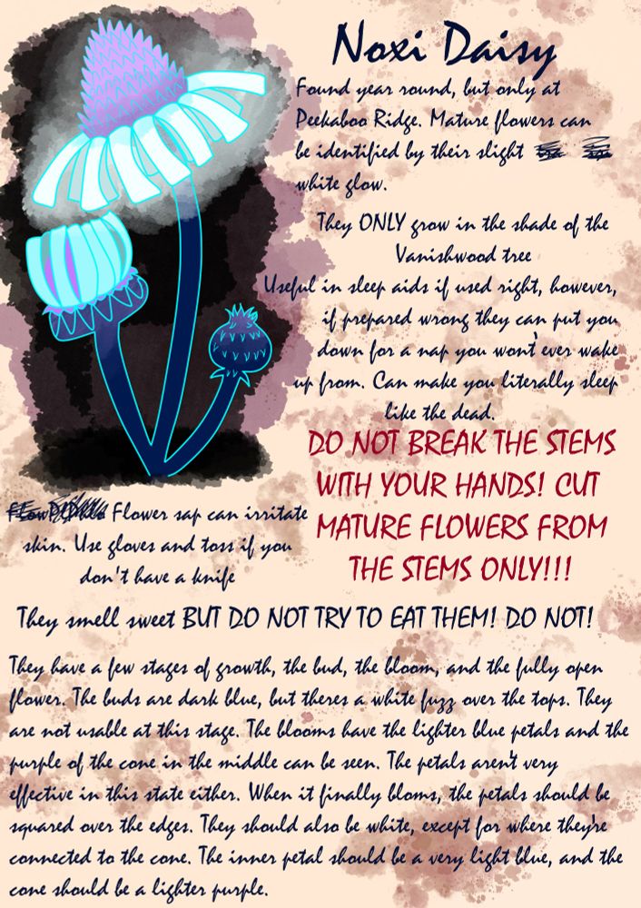 A drawing of a glowing white conehead daisy with square shaped petals and a purple cone in one corner, the rest of the page is covered in text to make it look like a journal entry.

"Found year round, but only at Peekaboo Ridge. Mature flowers can be identified by their slight white glow. They ONLY grow in the shade of the Vanishwood Tree.

Useful in sleep aids if used right, however, if prepared wrong they can put you down for a nap you wont ever wake up from. Can make you literally sleep like the dead.

Flower sap can irritate skin. Use gloves and toss if you
don't have a knife.

DO NOT BREAK THE STEMS
WITH YOUR HANDS! CUT 
MATURE FLOWERS FROM
THE STEMS ONLY!!!

They smell sweet BUT DO NOT TRY TO EAT THEM! DO NOT!

They have a few stages of growth, the bud, the bloom, and the fully open flower. The buds are dark blue, but theres a white fuzz over the tops. They are not usable at this stage. The blooms have the lighter blue petals and the
purple of the cone in the middle can be seen. The petals arent very effective in this state either. When it finally bloms, the petals should be squared over the edges. They should also be white, except for where they're connected to the cone. The inner petal should be a very light blue, and the cone should be a lighter purple."