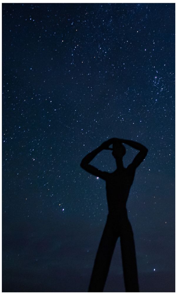 Hochformat. Ein Sternenhimmel mit schwach violetter dünner Bewölkung im unteren Bilddrittel. Gegen den dunkel-blauen Himmel hebt sich im unteren rechten Bildviertel die Silhouette der Bronzefigur „Utkieker“ ab, die mit an die Augen gelegten Händen in den Himmel zu schauen scheint.