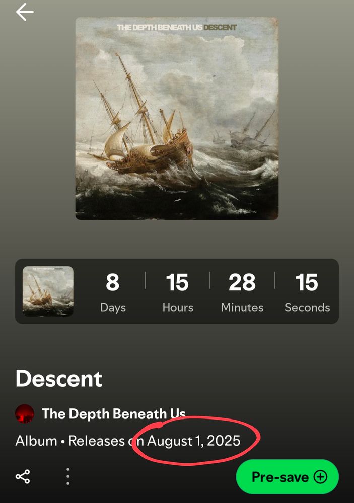 Pre-save countdown page for Descent. Releases on August 1st, 2025