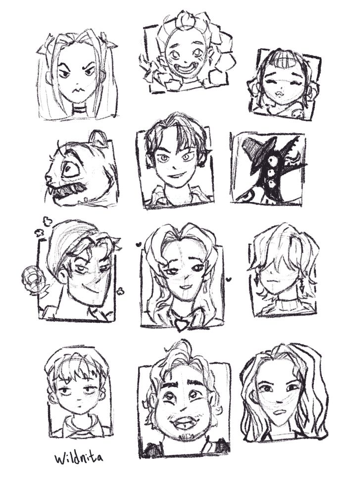 Sketches of my K-pop Demon Hunters fanart. 
Top row: Mira, Rumi, Zoey
Next row: Derpy, Jinu, Sussie
Next: Abby, Romance, Mystery
Last row: Baby, Bobby, Celine