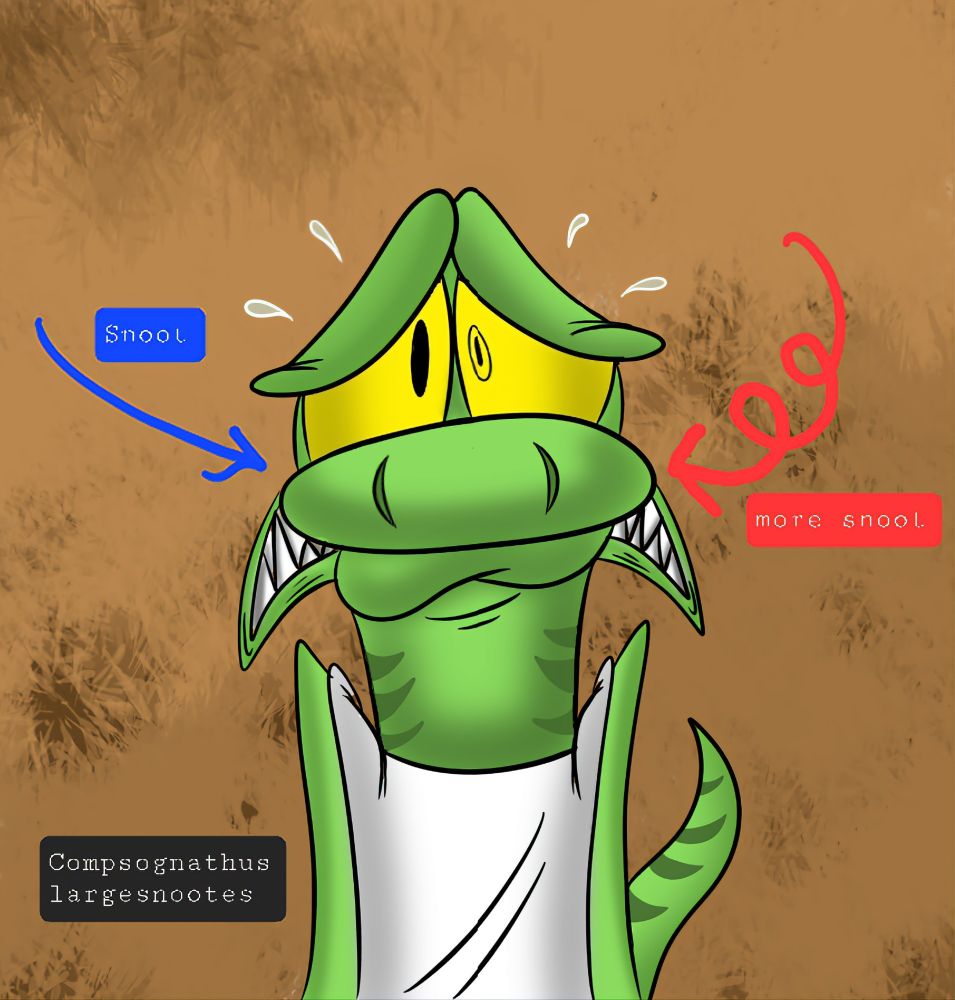 Compy, my original character / fursona. Species name "Compsognathus largesnootes". There are two arrows pointing to his snout labeled "Snoot" and "More snoot".