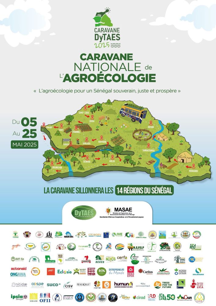 Affiche représentant une carte du Sénégal, avec le logo de la DyTAES et celui du ministère de l’agriculture du Sénégal, avec les dates de la caravane et les logos des 90 membres de la DyTAES.