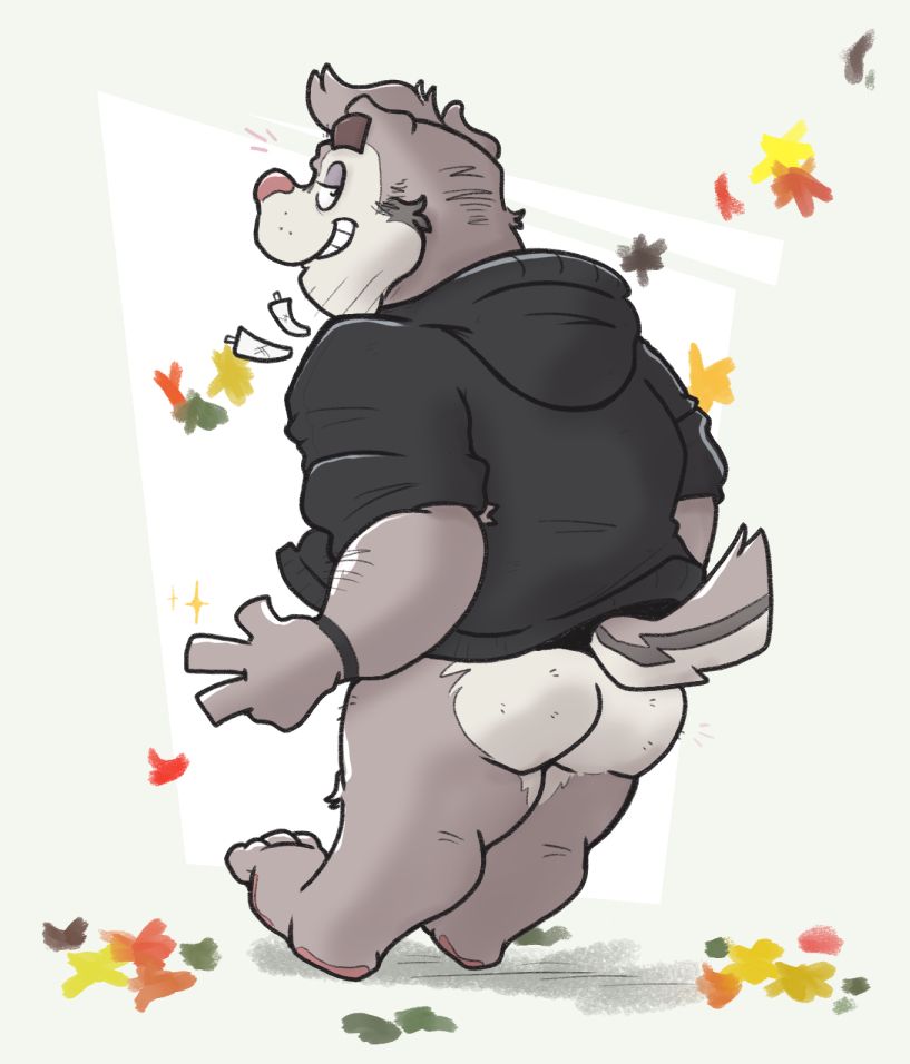 Anthro Badger wearing a black hoodie and nothing else. Butt visible