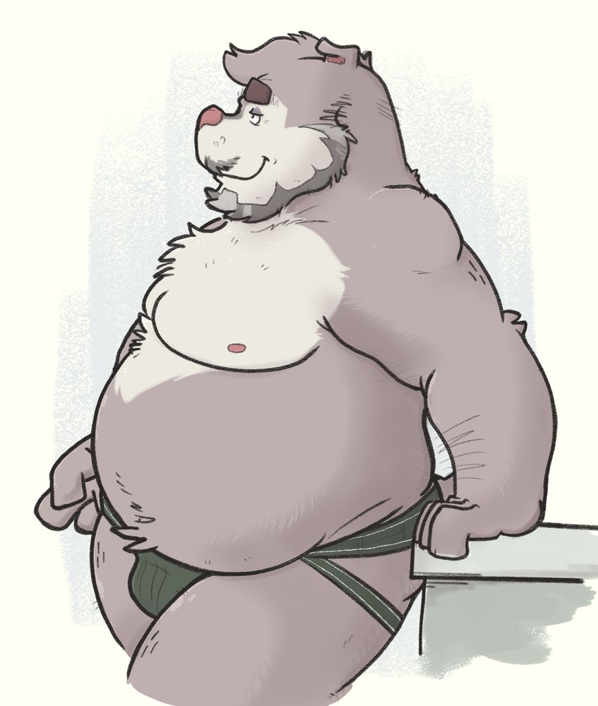 Anthro musclegut badger in olive jockstrap