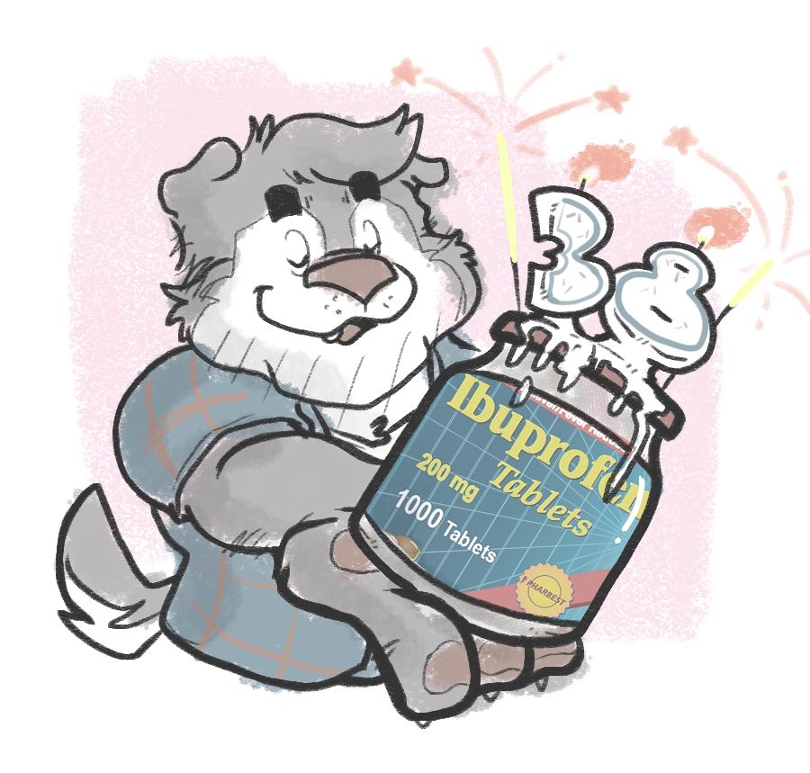 Anthro Badger holding bottle of ibuprofen with 38 birthday candles on it 