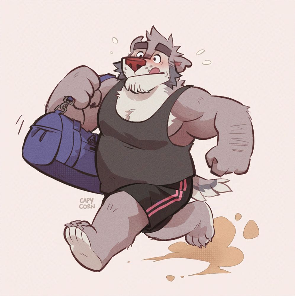 Badger in workout gear and duffel bag running