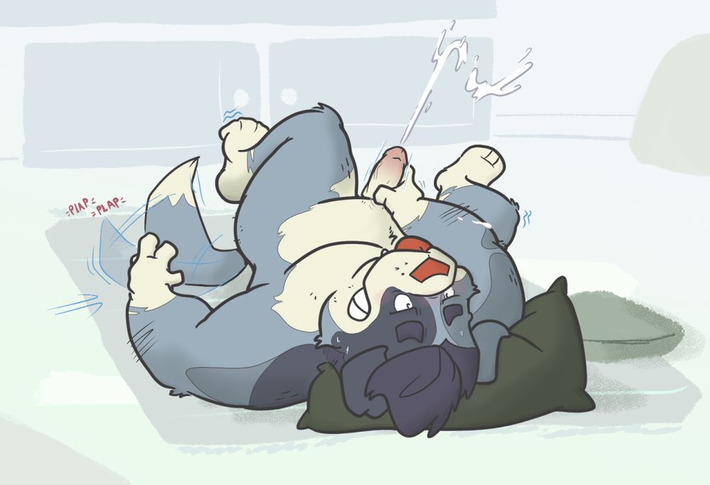 Anthro dog laying on his back cumshotting