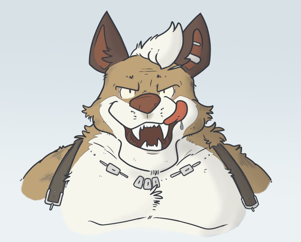 Bust of mean lookin’ Anthro canine licking chops