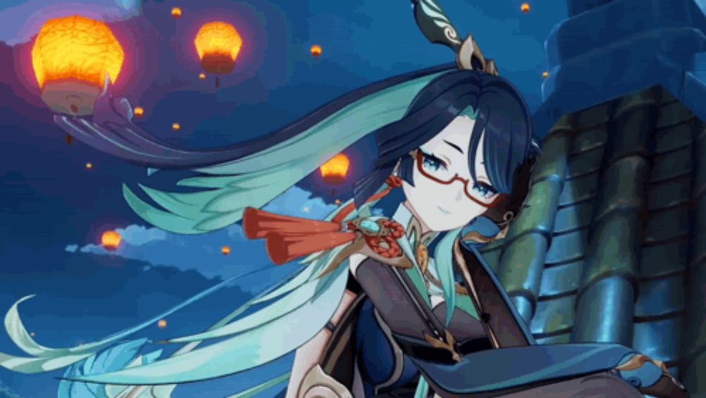 a girl with long hair and glasses is sitting in front of lanterns in the sky