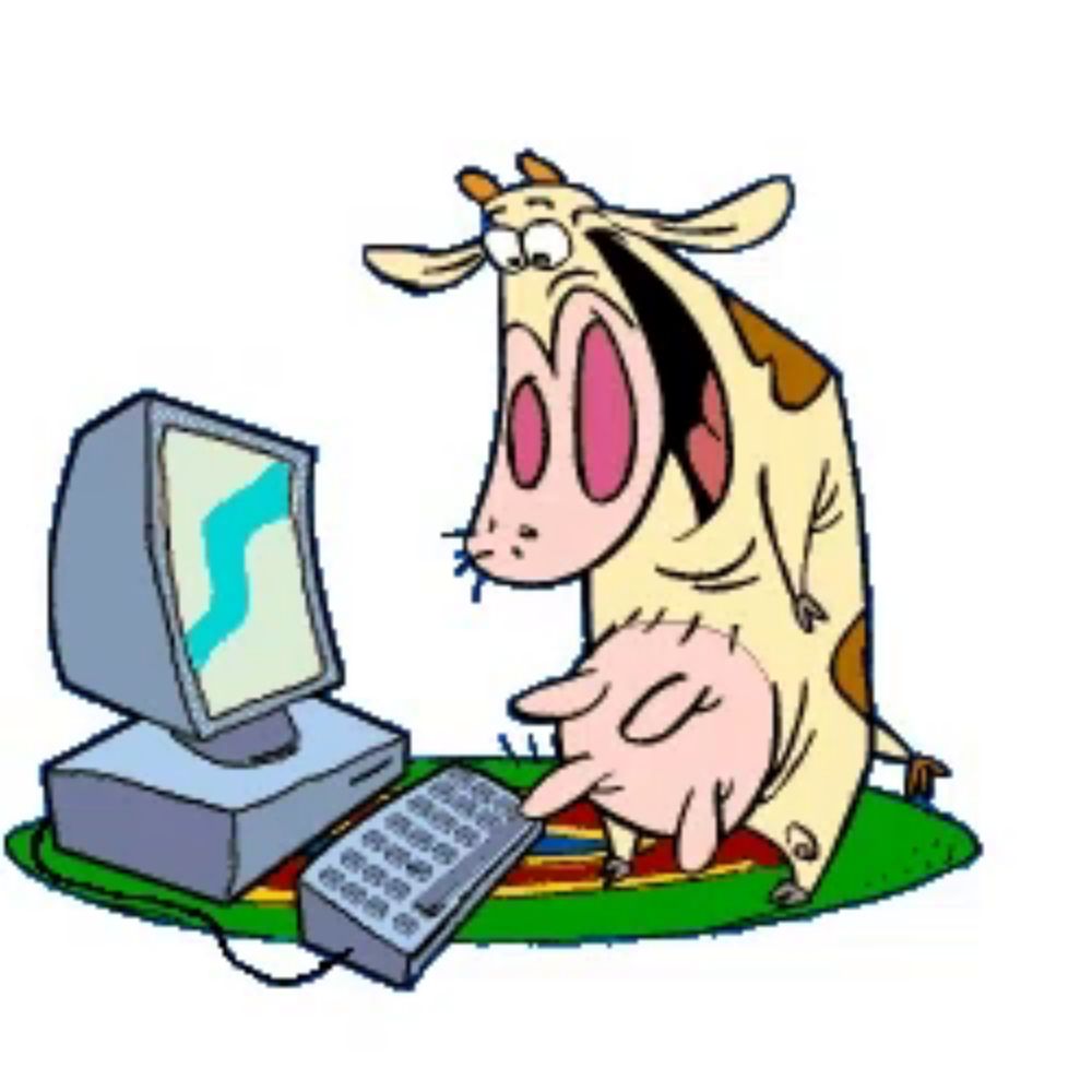 a cartoon cow is pointing at a computer monitor