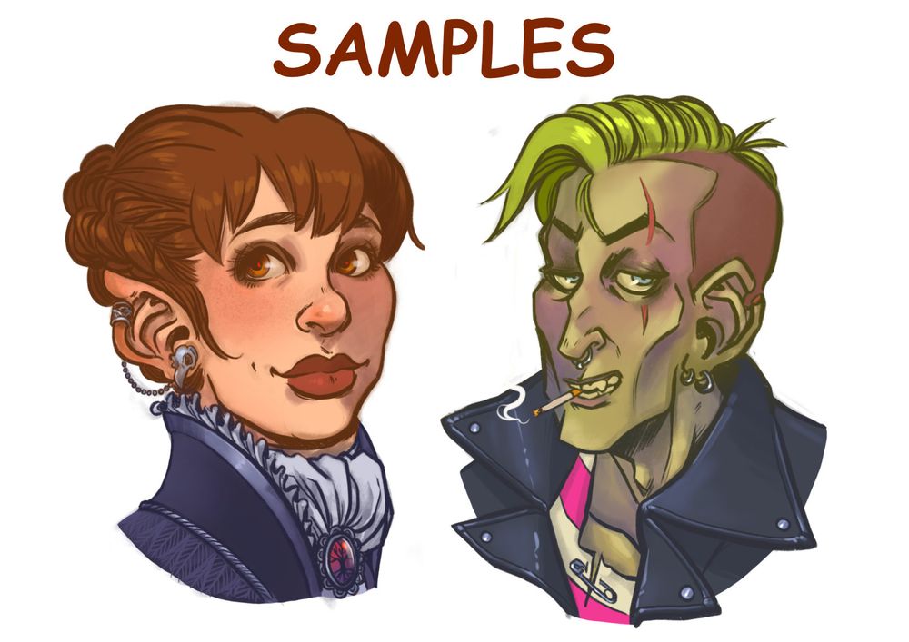 Two commission samples, one of a halfling Raven Queen Cleric with neat brown hair and a dark blue fancy coat. The other is a punk zombie with a leather jacket, smoking a cigarette. 