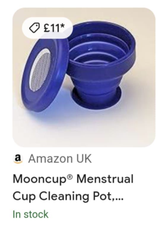 Result of a Google image search: a dark blue menstrual cup cleaning pot 