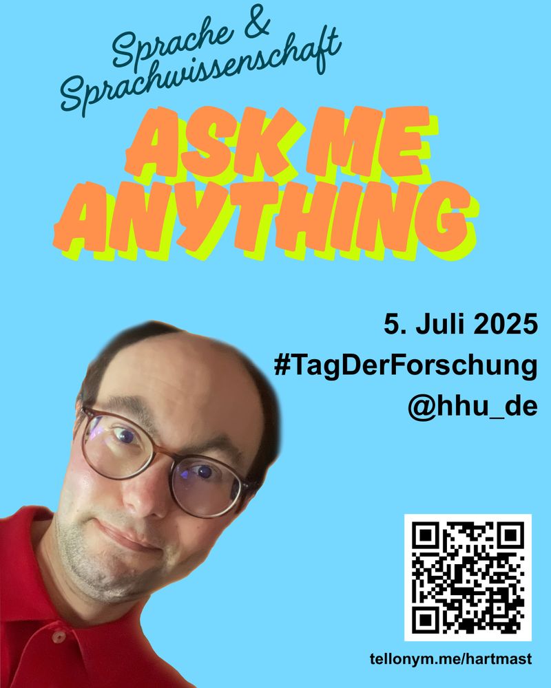 Werbebild für das Ask Me Anything Sprache&Sprachwissenschaft am 5. Juli beim Tag der Forschung mit QR-Code und Link zu Tellonym