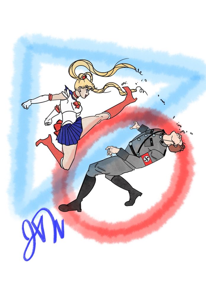 An original artwork of sailor moon in full color doing a leaping kick as spit comes flying out of a Nazis mouth. 