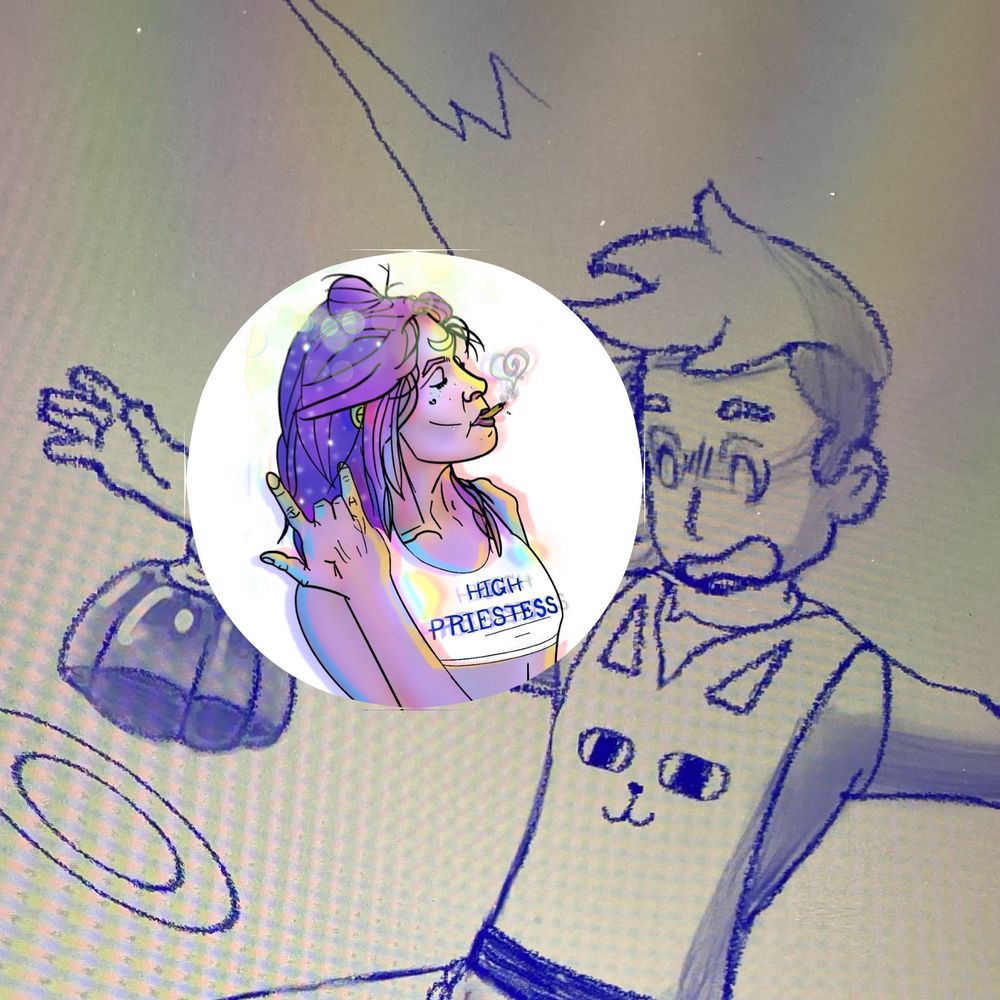 A sketch style drawing of Deckard Wizard from Bee and Puppycat with my profile picture blocking his shoulder… he has a surprise Pokemon friend there, watching him drop his jello dessert. 