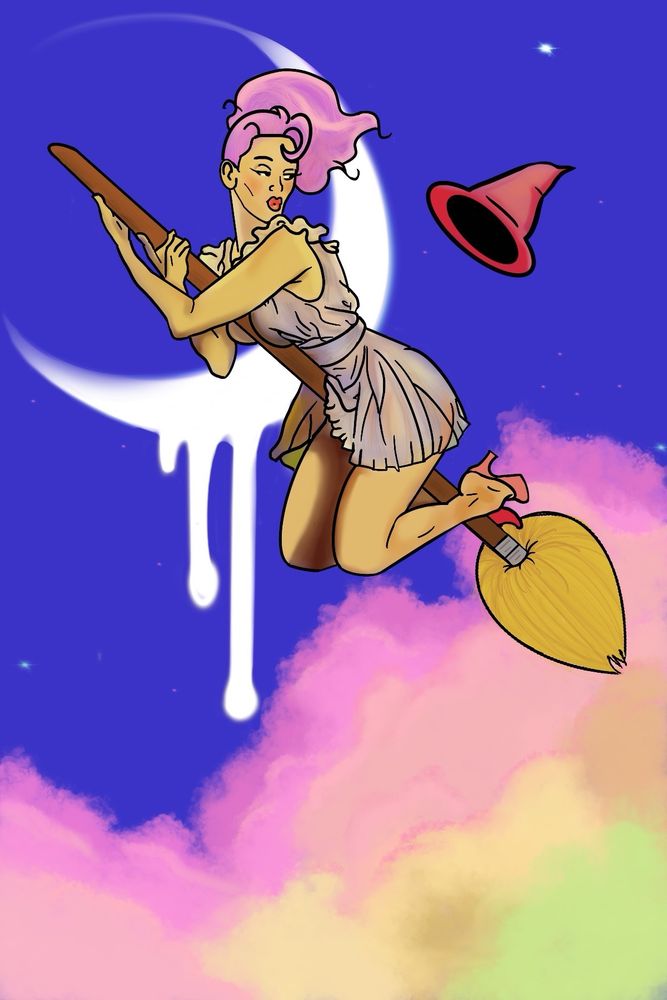 A pin up style witch with pink hair flying on a broom with pink clouds and a dripping moon in the background. Her hat has flown off her head. 