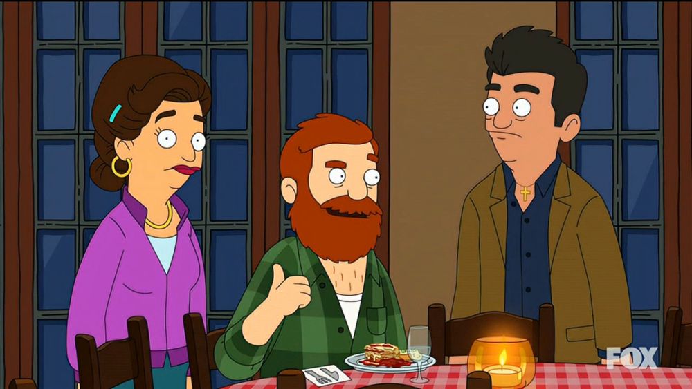 Beef Tobin from The Great North, wearing a green flannel shirt with a couple buttons undone, showing off his hairy chest. Slut.