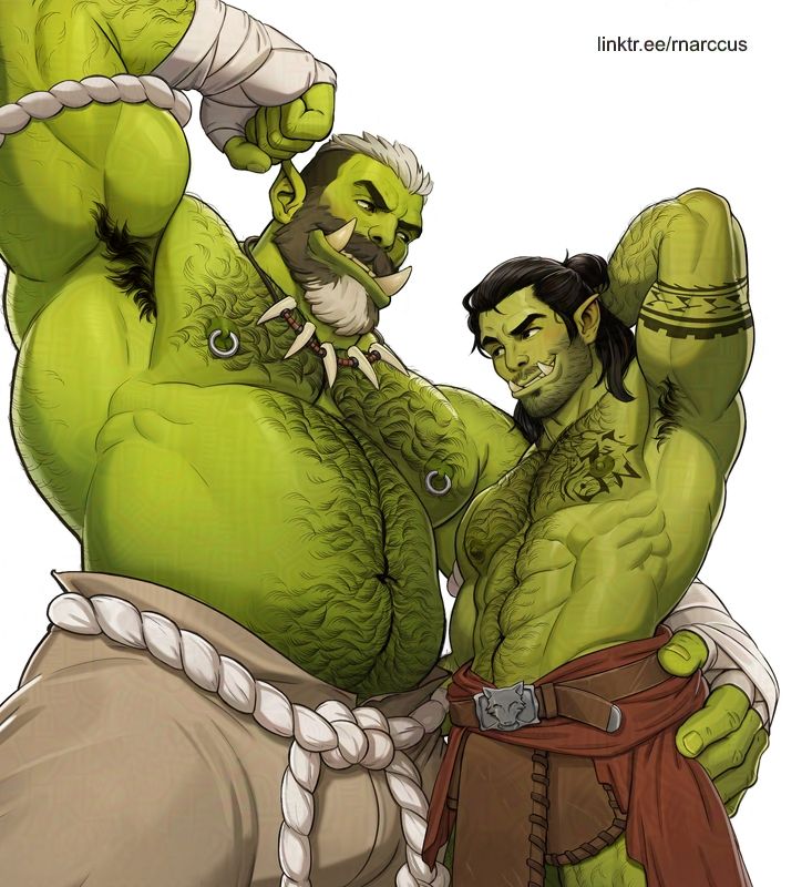 digital illustration of an orc and a half orc flexing