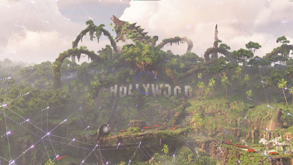 The hollywood sign except the hillside is completely overgrown and the ancient remains of a titan sized robot sits atop it ominously.