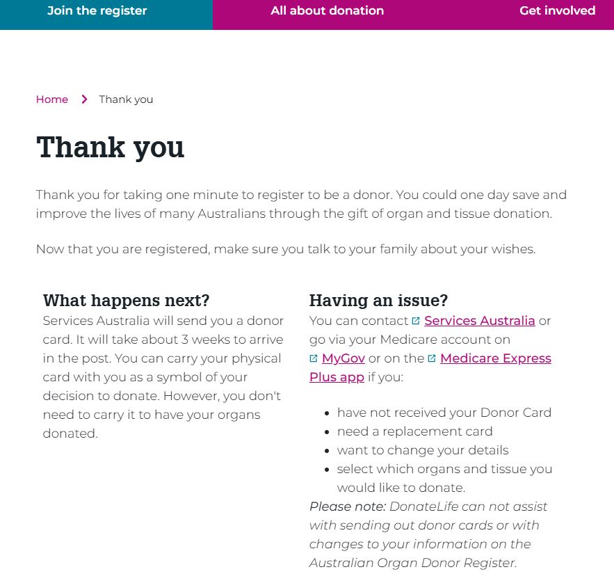Confirmation of registration as an organ donor (Australia)