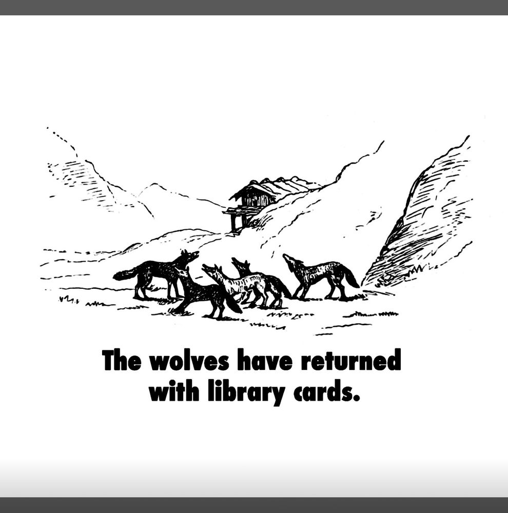 A line art sketch of what look like snowy hills and a cabin half-hidden behind one. In the foreground is a pack of five grey and black wolves. Text reads “The wolves have returned with library cards.”