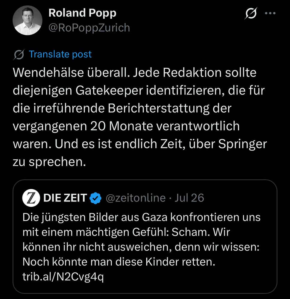 Tweet: „Wendehälse überall. Jede Redaktion sollte diejenigen Gatekeeper identifizieren, die für die irreführende Berichterstattung der vergangenen 20 Monate verantwortlich waren. Und es ist endlich Zeit, über Springer zu sprechen.“