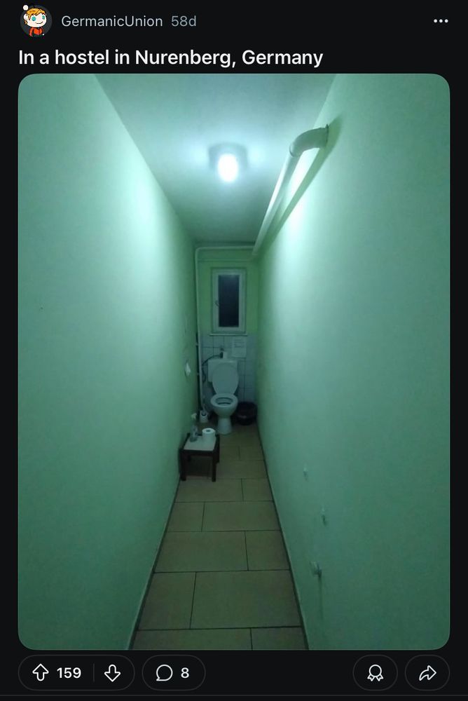 Very narrow room with green walls, and horror film lighting. You would have to walk a long way to get to this toilet, and your shoulders would definitely brush the gross walls?