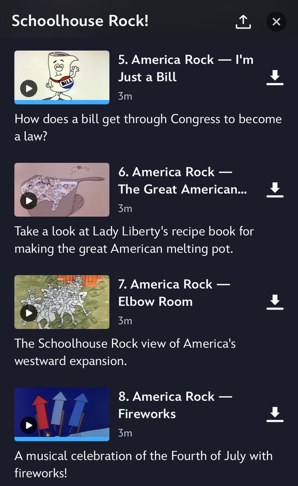 Screenshot of Schoolhouse Rock.
Songs listed:
5. I’m Just a Bill / 6. The Great American Melting Pot / 7. Elbow Room / 8. Fireworks 
