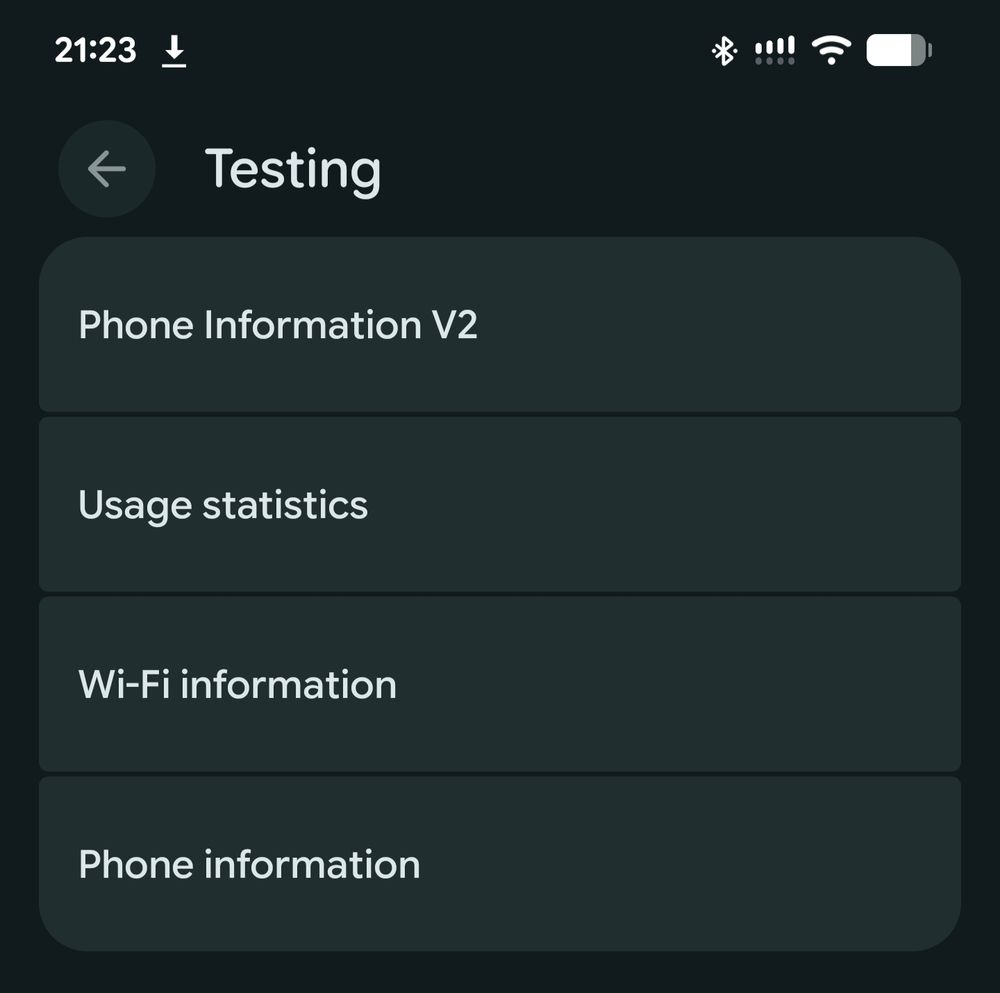 Screenshot of the phone information menu on a Pixel phone. One of the buttons says "Phone Information V2"