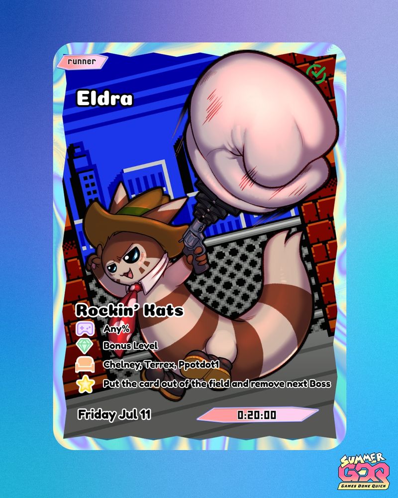 Trading card of a furret with a 'punch glove'
With details about the SGDQ 2025 run for Rockin' Kats