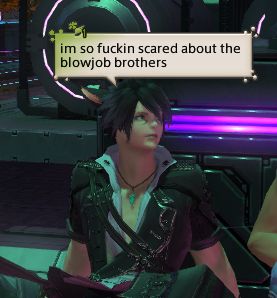a ffxiv screenshot of a miqo'te with a speech bubble above his head stating: "im so fuckin scared about the blowjob brothers"