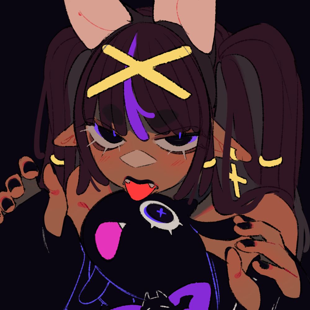 a digitally drawn doodle of a character wearing a headband with bat ears attached, with her hands out in front of her posed like claws. She has a pet lamb in front of her sticking its tongue out just like she is.