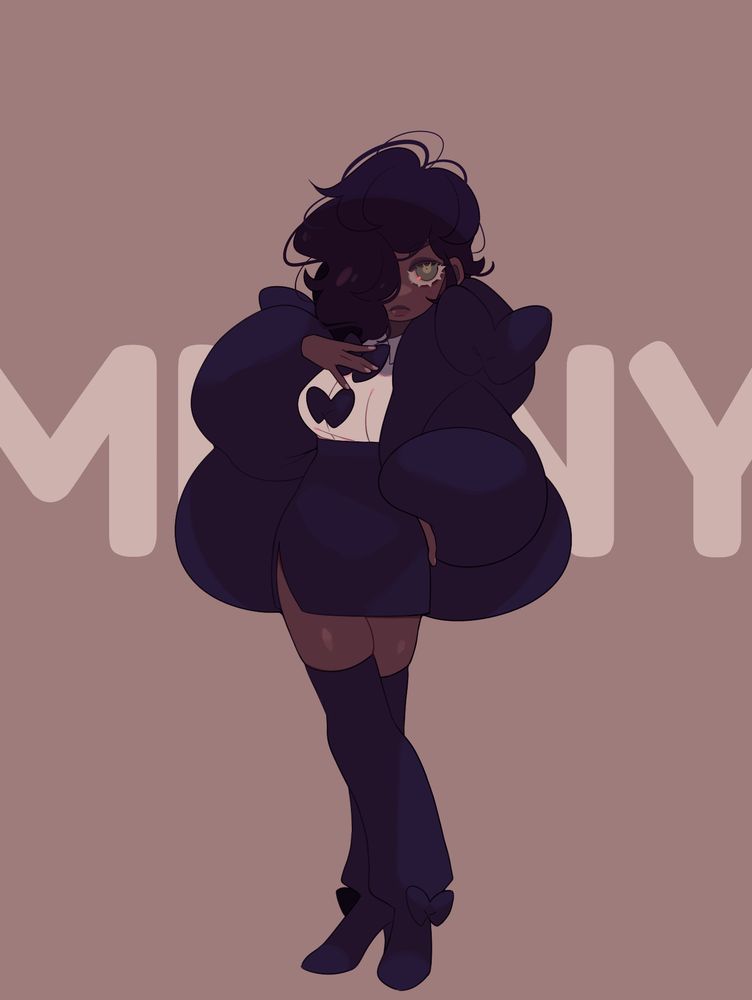 a digitally drawn illustration of a character with dark, slightly wavy hair, a large black coat, matched with a black pencil skirt and black over-the-knee boots. Her outfit is decorated with bows at key points. Behind her silhouette is her name, "Minny".