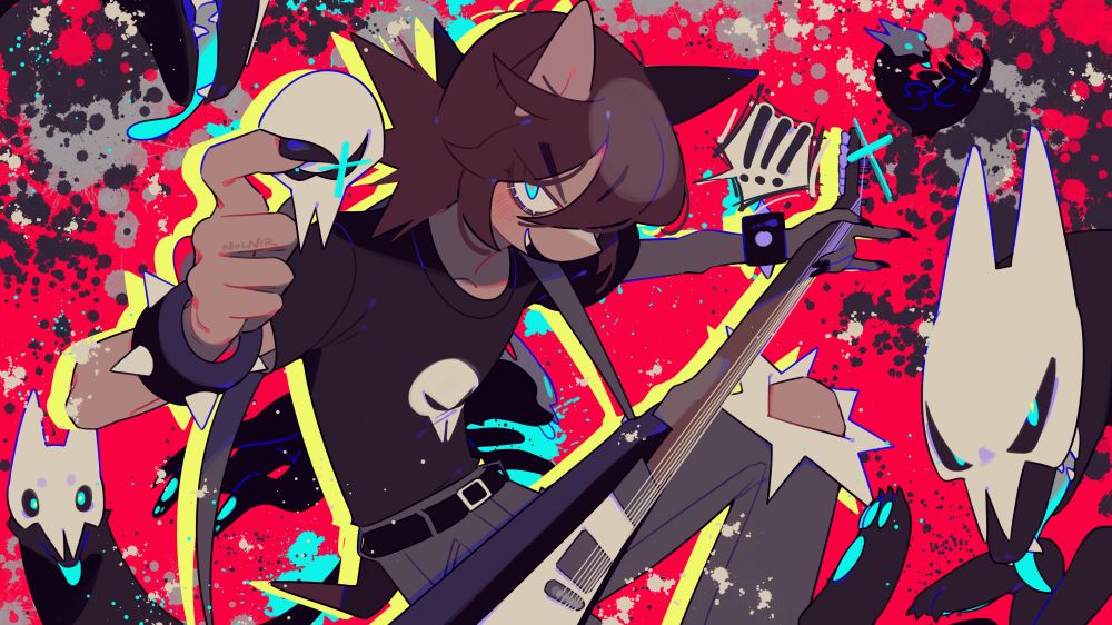 a digitally drawn illustration of a single character surrounded by canine-like creatures with skulls on their faces. the character is holding a guitar pick in the shape of a skull towards the viewer.