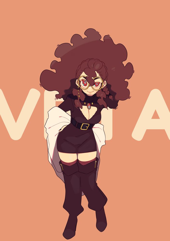 a digitally drawn illustration of a character with long, red curly hair, a maroon dress and thigh-high boots and a white lab coat casually worn off-the-shoulder. Behind her silhouette is her name, "Veta".