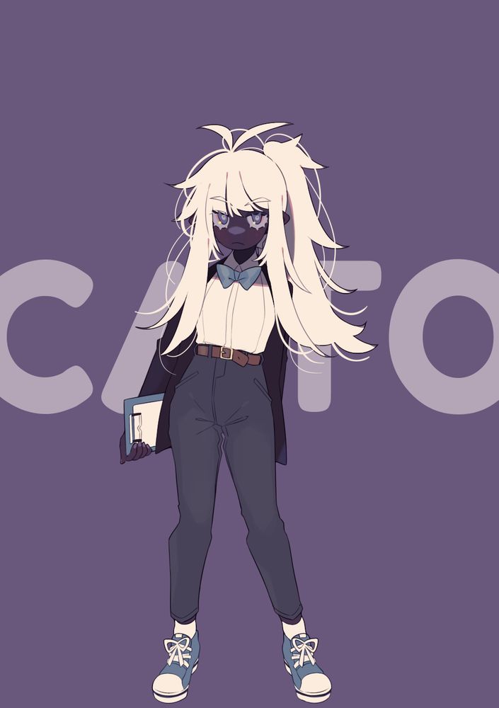 a digitally drawn illustration of a character with messy white hair pulled into a ponytail, a white blouse with a blue bow tie and black blazer, blue jeans and blue sneakers with white crew socks. She holds a blue clipboard in her right hand. Behind her silhouette is her name, "Cato".