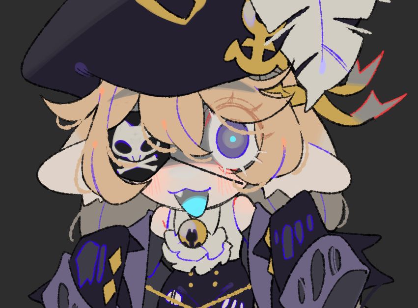 a cropped digital illustration of a cat girl character dressed as a pirate with tattered clothing. she holds a ghastly expression on her face