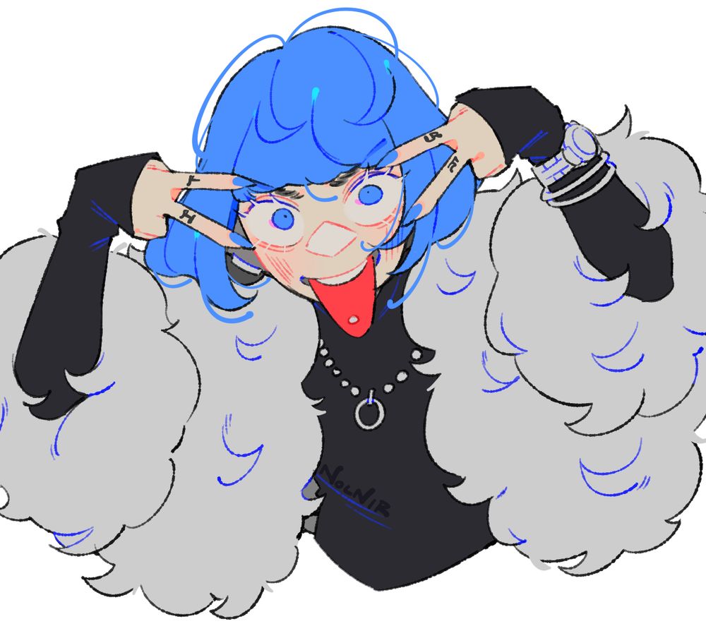 a digital drawing of mio from everyday host. He's doing a backwards double peace sign while sticking his tongue out.