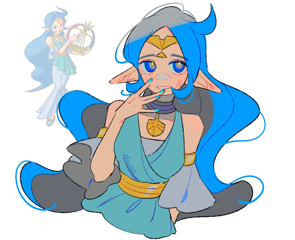 a doodle of naryu from legend of zelda oracle of ages. she's posed with her right hand placed slightly in front of her mouth