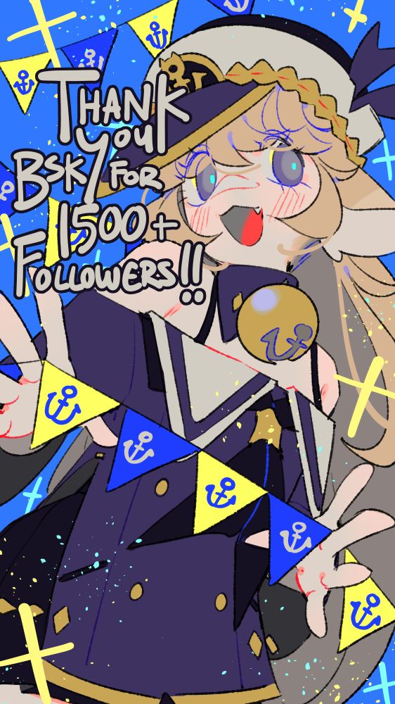 a digitally drawn doodle of a cat girl wearing a sailor uniform-inspired outfit. She's holding a yellow and blue pennant garland out to the viewer. On the drawing is the written text: "Thank you Bsky for 1500 plus followers!"