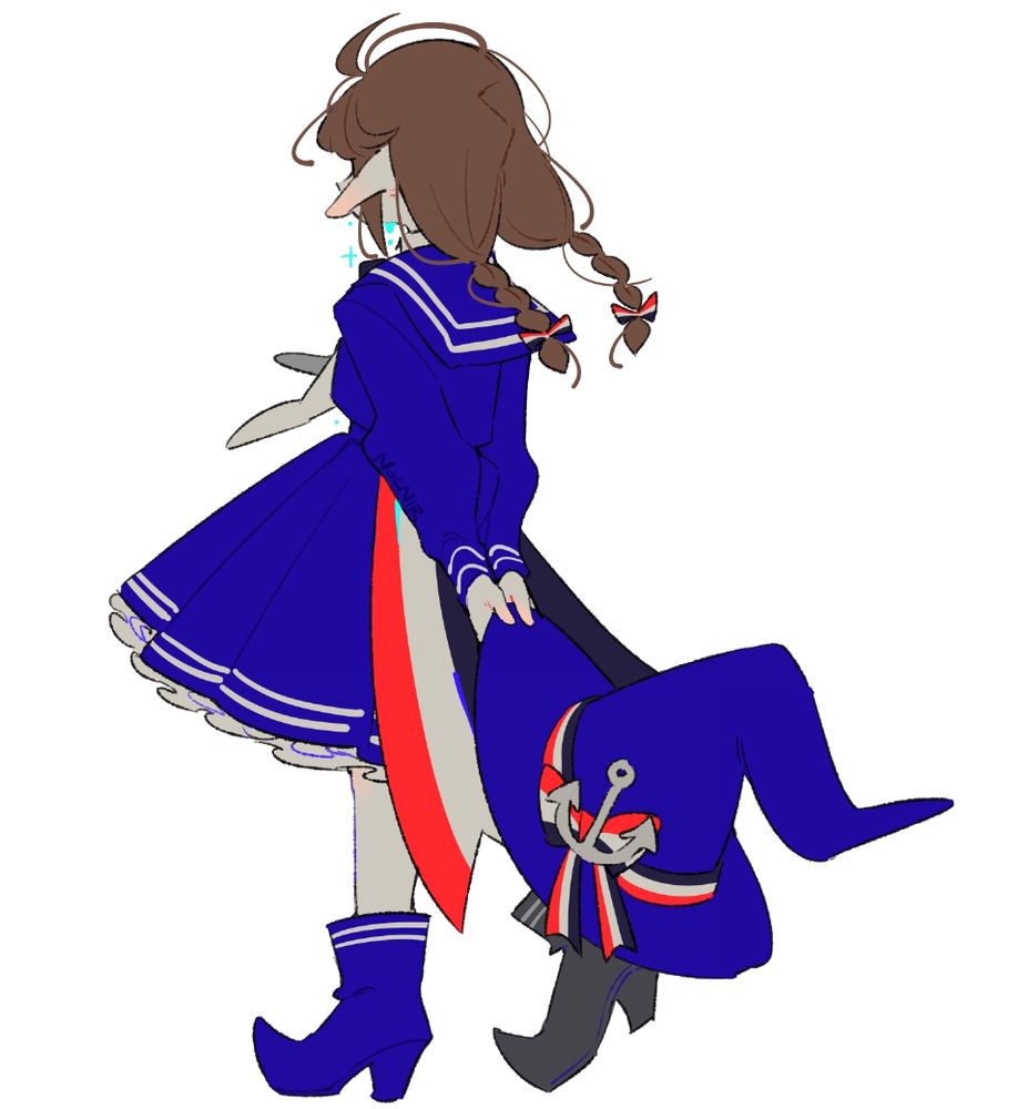 a digitally drawn doodle of wadanohara facing away from the viewer while holding her hat in both hands behind her back. she's crying bright cyan tears