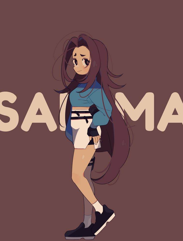 a digitally drawn illustration of a character with long mocha hair, a blue crop turtleneck, black fingerless gloves, a white pencil skirt with black shorts underneath, and simple black sneakers with white crew socks. Behind her silhouette is her name, "Samima".